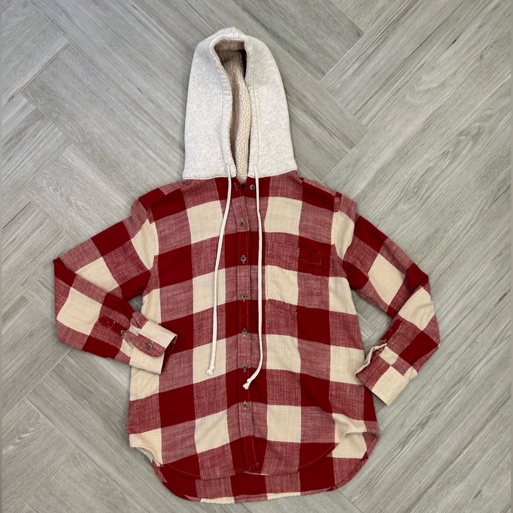American Eagle Red Plaid Flannel Hoodie Shirt XXS